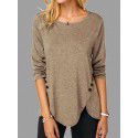 Spring/Summer Hot Style Irregular Button Hem Long Sleeve Crew Neck T-shirt 