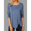 Spring/Summer Hot Style Irregular Button Hem Long Sleeve Crew Neck T-shirt 