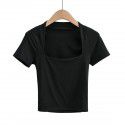 Low cut square neck, slim fit, open navel, short T-shirt, women's summer new elastic, slim fit, solid color, short sleeve top, fashion 