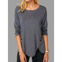 Spring/Summer Hot Style Irregular Button Hem Long Sleeve Crew Neck T-shirt 