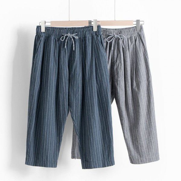 Elastic waist stripe large straight cotton and hemp casual pants Men's drawstring waist loose linen pants 