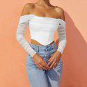 European and American women's clothing, popular autumn and winter styles, mesh fishbone perspective, one line collar, exposed navel, short T-shirt, top, female