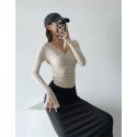 Pure desire V-neck flanging flared sleeve T-shirt for female minority Spicy girls pleated slim high waist short solid color bottom top 