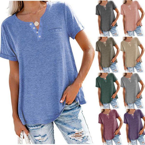 Spring and Summer New Top V-neck Short Sleeve Pocket Loose T-shirt Women 