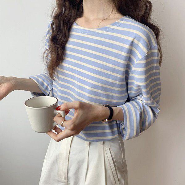 Long-sleeved striped t-shirt women's cotton loose autumn new style Korean T-shirt bottom coat women 