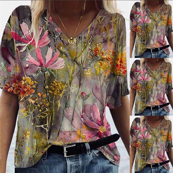 Summer flower printed short sleeved V-neck T-shirt for women