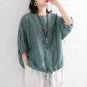 Loose casual T-shirt Women's Bat Shirt Drawcord Round Neck Medium Sleeve Imitation Cotton Linen Shirt Top Summer 