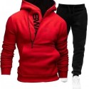 New Men's Hooded Oblique Zipper Print Cover Two Piece Sweater Pants Outer Set 