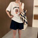 New Korean T-shirt Women's Summer Stripe Bear Print Leisure Round Neck Short Sleeve Cotton Women's Round Neck Top 