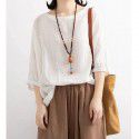 Loose casual T-shirt Women's Bat Shirt Drawcord Round Neck Medium Sleeve Imitation Cotton Linen Shirt Top Summer 