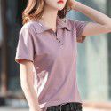 Cotton short-sleeved T-shirt women's loose belly covering top summer new style collar simple button thin half-sleeved shirt 