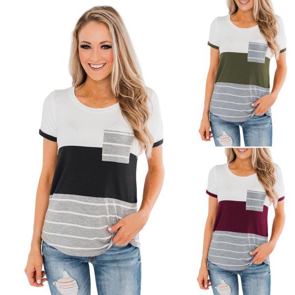 Spring and Summer New European and American Women's Top Popular Pocket Tri-color Panel Short Sleeve Stripe T-shirt Women 