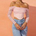 European and American women's clothing, popular autumn and winter styles, mesh fishbone perspective, one line collar, exposed navel, short T-shirt, top, female