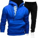 New Men's Hooded Oblique Zipper Print Cover Two Piece Sweater Pants Outer Set 