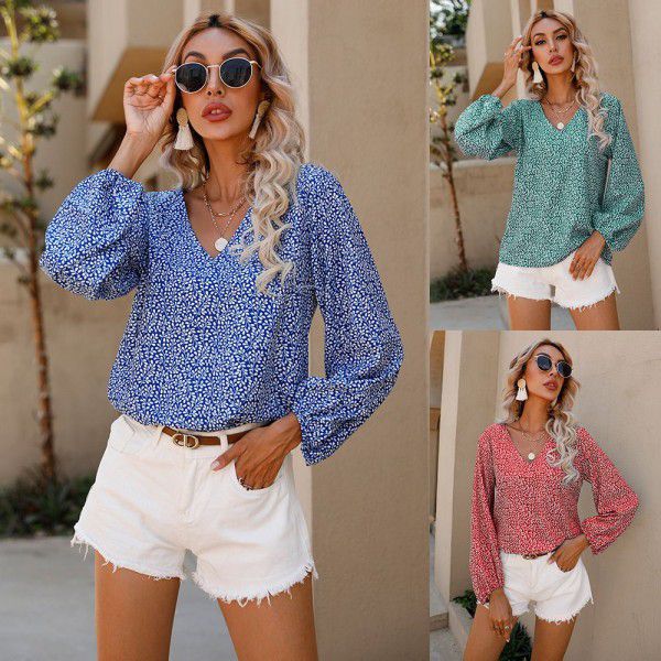 Summer European and American women's small floral V-neck 9/4 sleeve top T-shirt