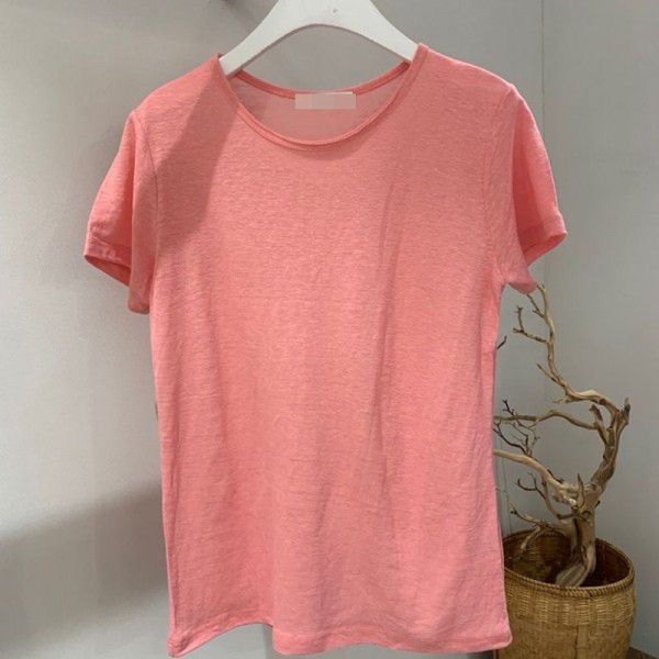 Korea East Gate Summer New Pure Color Slub Cotton Loose Versatile Casual Basecoat Short Sleeve T-shirt Women 