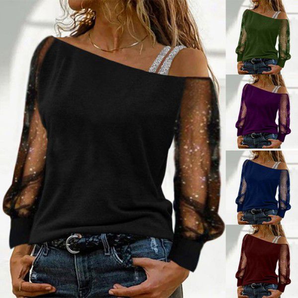 Spring, Summer, and Autumn New Women's Wear European and American Mesh Splice V-neck Hanging Neck Fashion Versatile Commuter T-shirt