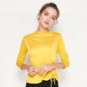 Spring New Silk Underlay Women's Long Sleeve T-shirt Silk Drawstring Slim Fit Medium High Neck Top 