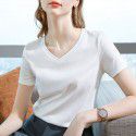 Ice feeling mercerized cotton short-sleeved t-shirt women's new style women's temperament v-neck pure cotton t-shirt pure color high-grade top 