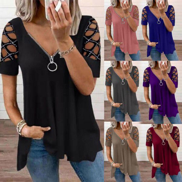 Fashion V-neck Solid Cut Out Short Sleeve Hot Diamond Casual Top 