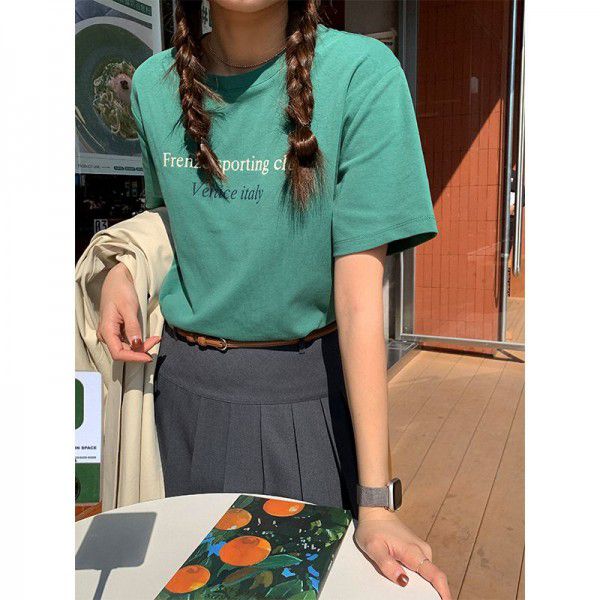 Early spring new Korean letter round neck short-sleeved T-shirt for women's basic style 