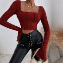 Spot Spring/Summer New Slim Fit Long Sleeve Square Neck Pullover Knitted Top T-shirt for Women