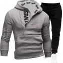 New Men's Hooded Oblique Zipper Print Cover Two Piece Sweater Pants Outer Set 