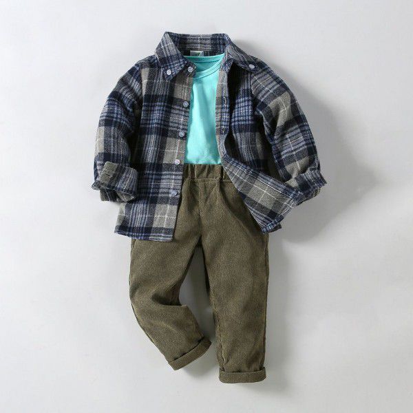 Boys' plaid shirt outerwear knitted T-shirt corduroy pants 3-piece set for children 