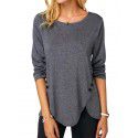 Spring/Summer Hot Style Irregular Button Hem Long Sleeve Crew Neck T-shirt 