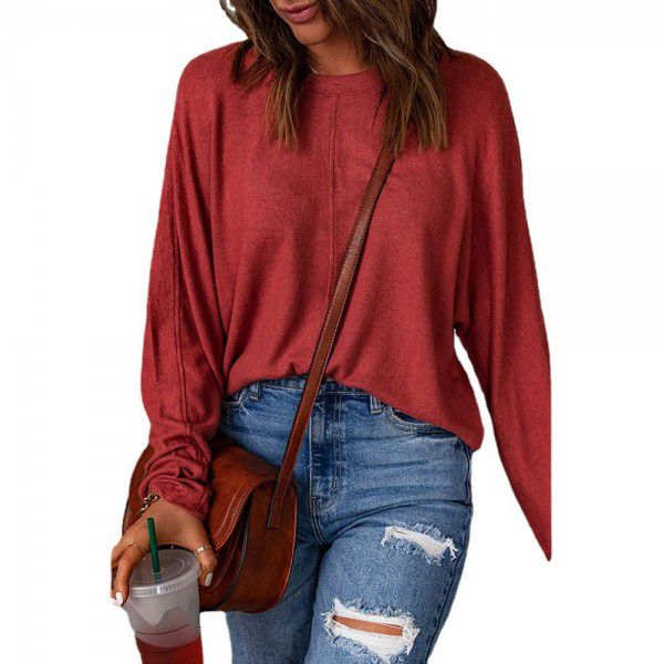 Shi Ying Red Patchwork Long Sleeve Top for Women Amazon Cross border Casual Versatile Underlay T-shirt