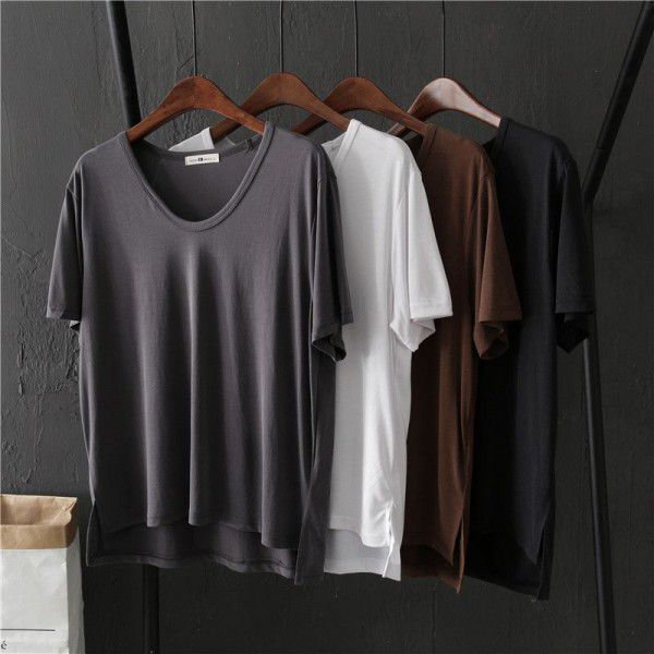 Basic copper spandex cotton solid color V-neck short-sleeved T-shirt female student summer loose bottom shirt shows thin top trend 