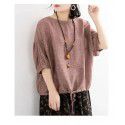 Loose casual T-shirt Women's Bat Shirt Drawcord Round Neck Medium Sleeve Imitation Cotton Linen Shirt Top Summer 