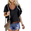 New Solid Ruffle Sleeve Loose V-neck Short Sleeve Top T-shirt Women 