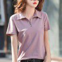 Cotton short-sleeved T-shirt women's loose belly covering top summer new style collar simple button thin half-sleeved shirt 