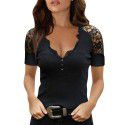 New Women's Dress Europe and America Sexy Deep V Lace Neck Lace Short Sleeve T-shirt Slim Fit Top 