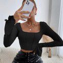 Spot Spring/Summer New Slim Fit Long Sleeve Square Neck Pullover Knitted Top T-shirt for Women