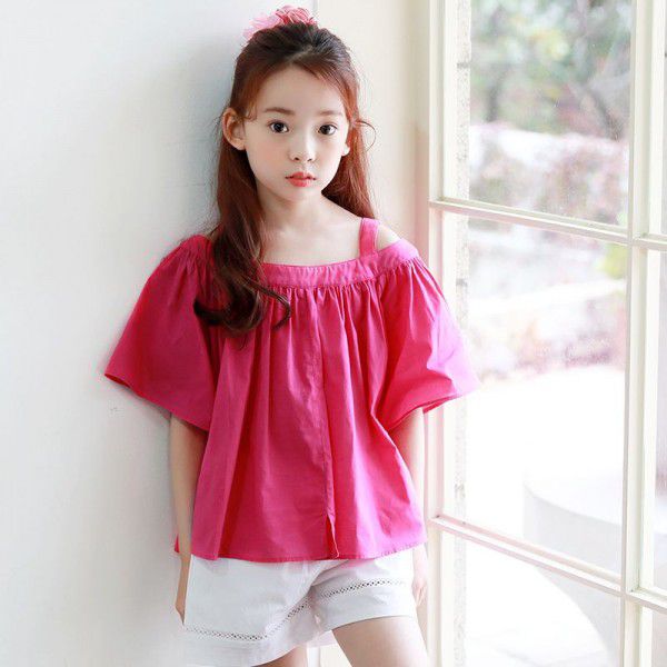 New summer Korean children's wear off-the-shoulder middle and large children's top short-sleeved T-shirt girls 