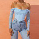 European and American women's clothing, popular autumn and winter styles, mesh fishbone perspective, one line collar, exposed navel, short T-shirt, top, female