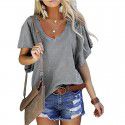 New Solid Ruffle Sleeve Loose V-neck Short Sleeve Top T-shirt Women 