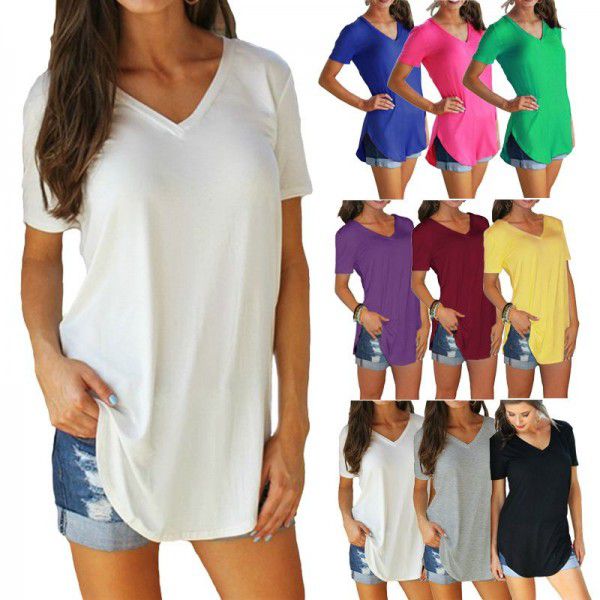 European and American summer women's V-neck short sleeve loose fitting T-shirt with circular arc at the hem Large solid color top Women 