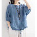 Loose casual T-shirt Women's Bat Shirt Drawcord Round Neck Medium Sleeve Imitation Cotton Linen Shirt Top Summer 