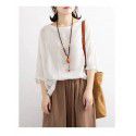 Loose casual T-shirt Women's Bat Shirt Drawcord Round Neck Medium Sleeve Imitation Cotton Linen Shirt Top Summer 