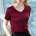 Ice feeling mercerized cotton short-sleeved t-shirt women's new style women's temperament v-neck pure cotton t-shirt pure color high-grade top 