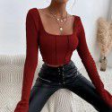 Spot Spring/Summer New Slim Fit Long Sleeve Square Neck Pullover Knitted Top T-shirt for Women