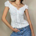 Pure Sexy Lace Panel Pleated Slim Fit Button V-neck Short Sleeve T-shirt Top Women's Spring New Trend