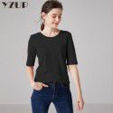 New autumn mercerized cotton medium sleeve round neck t-shirt for women's pure cotton white quarter sleeve thin bottom T-shirt 