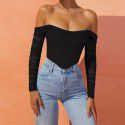 European and American women's clothing, popular autumn and winter styles, mesh fishbone perspective, one line collar, exposed navel, short T-shirt, top, female