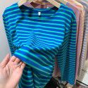 Cotton loose striped bottom shirt for women with spring and autumn Korean design sense long-sleeved T-shirt round neck versatile top 