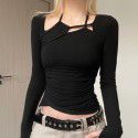 Autumn and Winter New Women's Fashion Street Shoot Personality Hollow Asymmetric T-shirt 