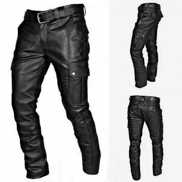 Men's Pocket Punk Vintage Gothic Leather Pants PU Strap Casual Leather Pants 